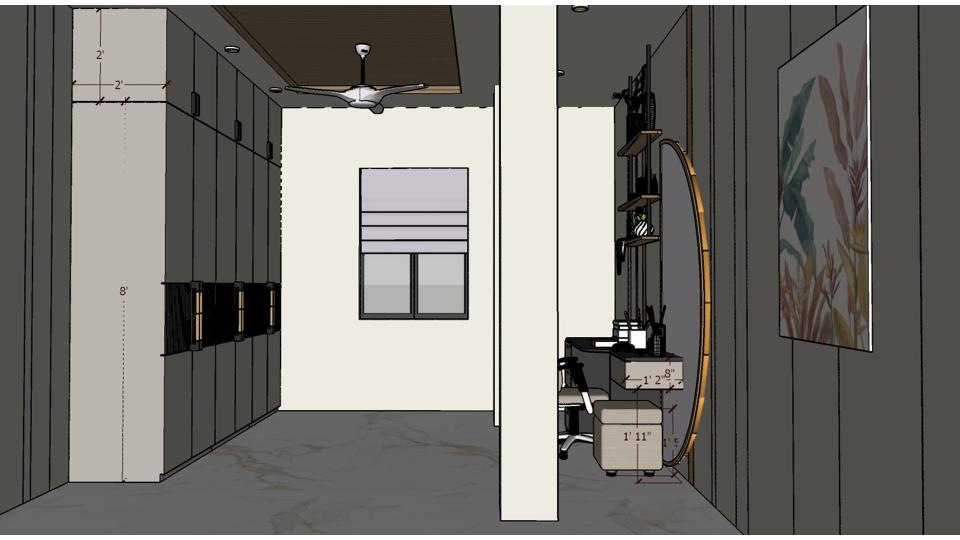 Image of the master bedroom showcasing a stylish dresser with a large mirror and decorative items against a soft-colored wall 2d dimensions