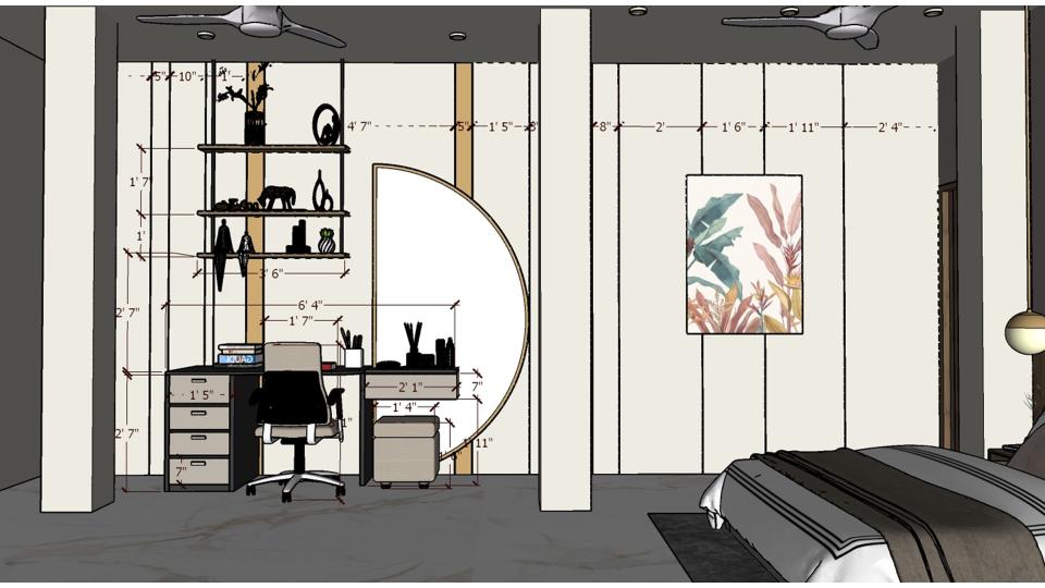 Image of the master bedroom showcasing a stylish dresser with a large mirror and decorative items against a soft-colored wall 2d dimensions