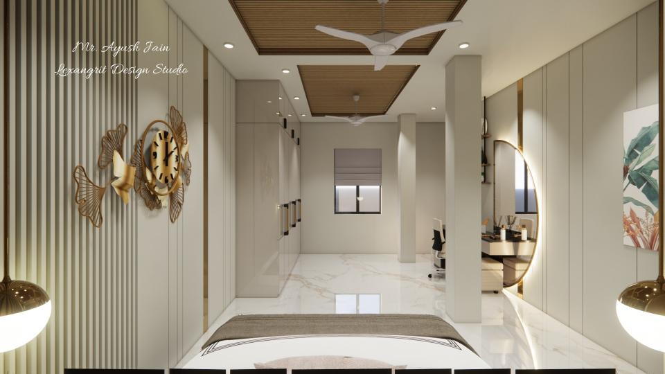 Image of the master bedroom showcasing a stylish dresser with a large mirror and decorative items against a soft-colored wall