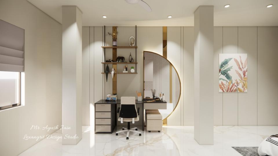 Image of the master bedroom showcasing a stylish dresser with a large mirror and decorative items against a soft-colored wall