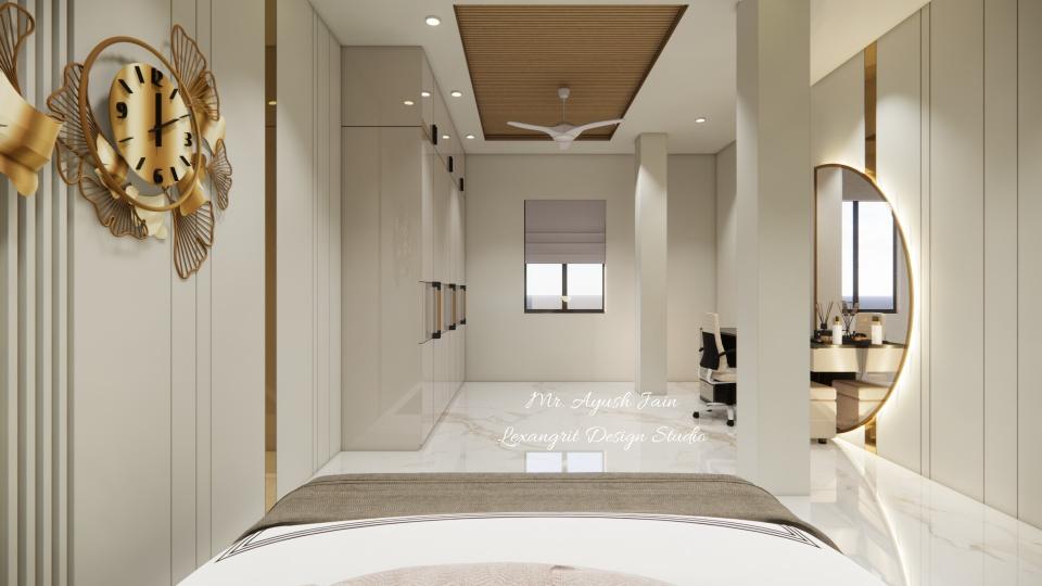 Image of the master bedroom showcasing a stylish dresser with a large mirror and decorative items against a soft-colored wall