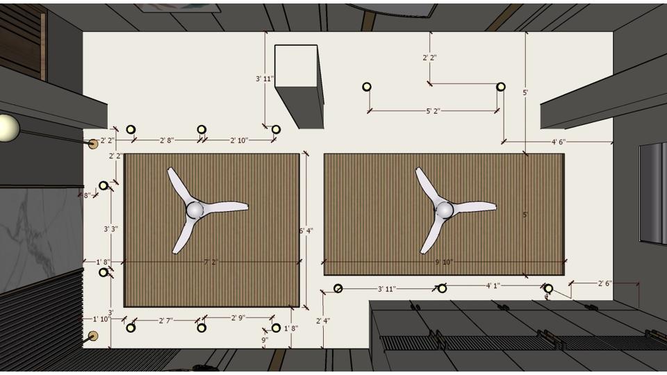 False ceiling layout plan for master bedroom showing ceiling layout plan with two fan positions and ceiling design 2D dimensional layout for accurate false ceiling planning.