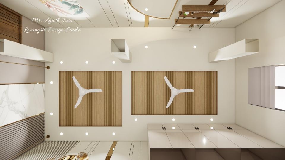 master bedroom false ceiling design with two seperated area with wooden WPC louvers with two fan one are for bed and other is for walking space