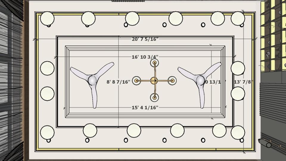 Image of the living room ceiling, showing recessed lighting and a modern two ceiling fan  2d dimensions