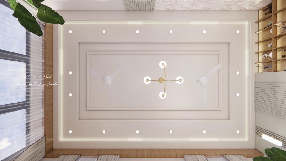 Image of the living room ceiling, showing recessed lighting and a modern two ceiling fan
