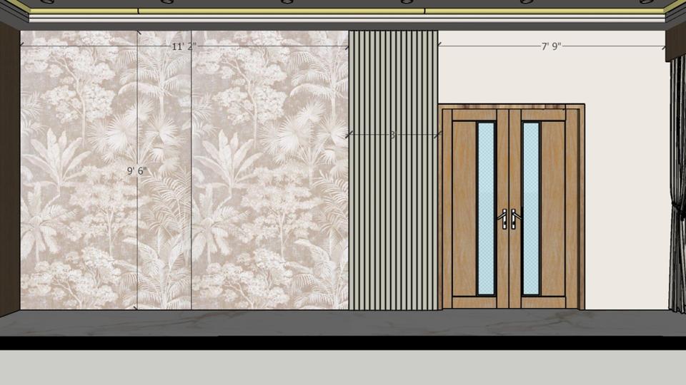 Image of the living room highlighting a spacious dining area with a contemporary dining table, chairs, and an elegant chandelier against a decorated wall 2d dimensions