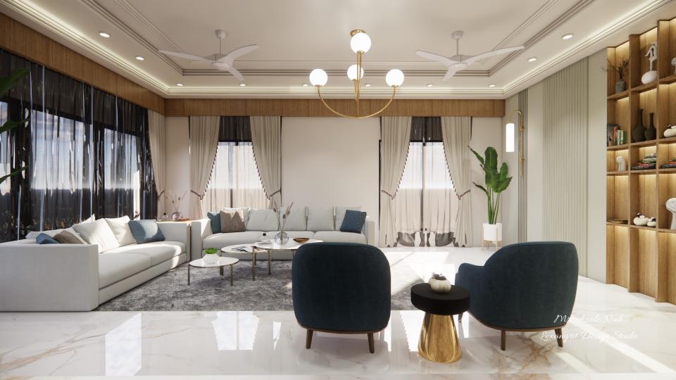 Image of the living room highlighting a spacious dining area with a contemporary dining table, chairs, and an elegant chandelier against a decorated wall