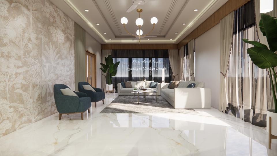 Image of the living room highlighting a spacious dining area with a contemporary dining table, chairs, and an elegant chandelier against a decorated wall