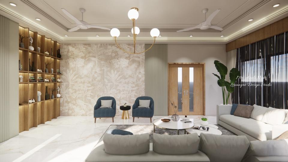 Image of the living room highlighting a spacious dining area with a contemporary dining table, chairs, and an elegant chandelier against a decorated wall