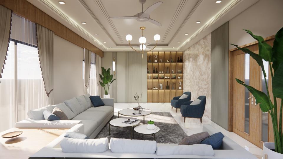 Image of the living room showcasing a comfortable seating area with a large sofa, coffee table, and a stylish false ceiling against a neutral-tone wall
