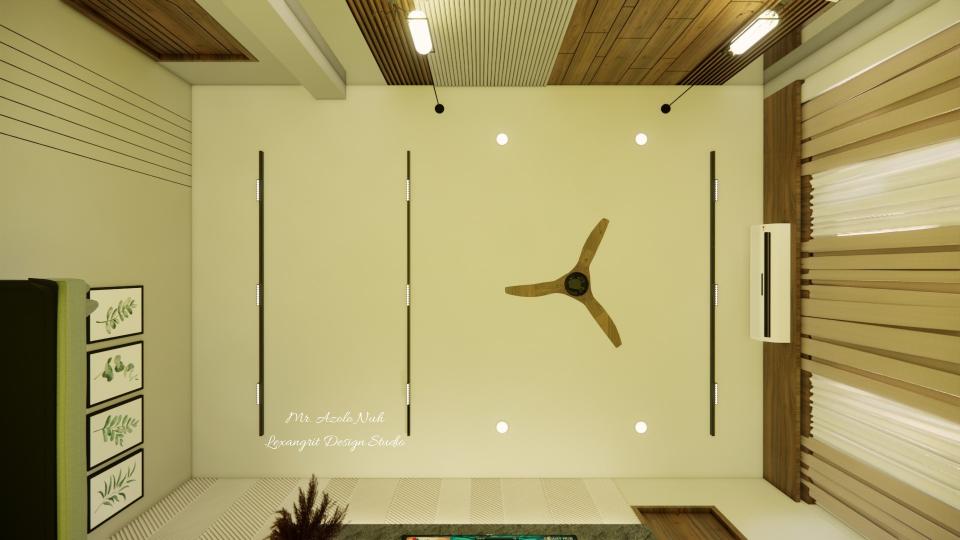 Image of the master bedroom ceiling, showing recessed lighting and a central ceiling light fixture