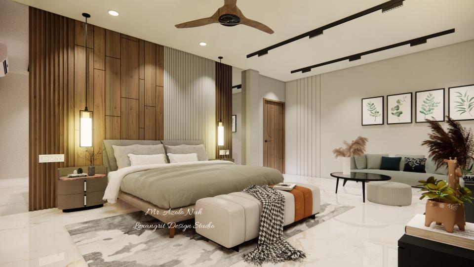 Image of the master bedroom featuring a luxurious bed with a tufted headboard, bedside tables, and pendant lights against an accent wall