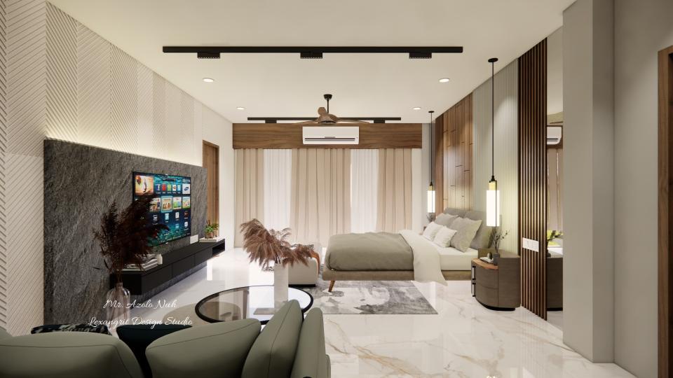 Image of the master bedroom featuring a luxurious bed with a tufted headboard, bedside tables, and pendant lights against an accent wall