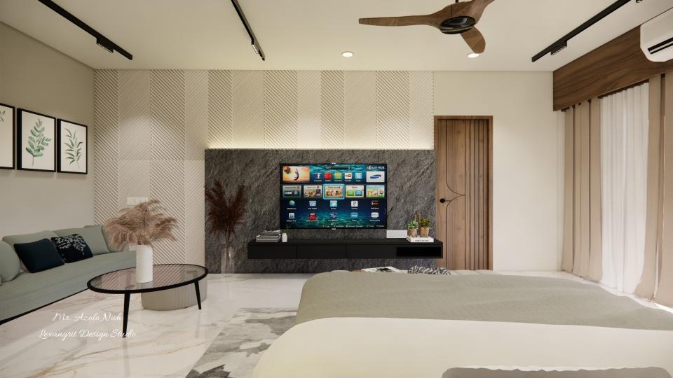 Image of the master bedroom room featuring a modern entertainment center with a flat-screen TV and built-in against a sleek accent wall