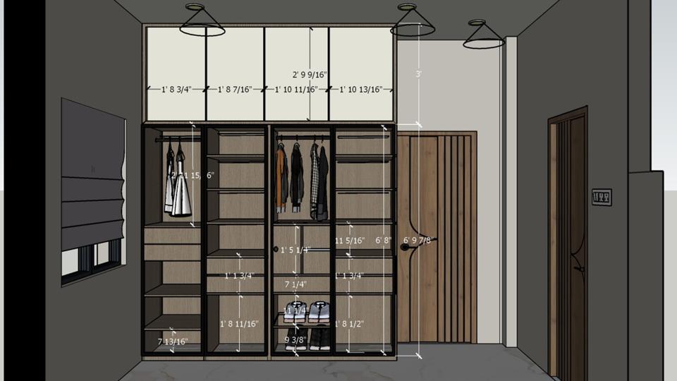 Image of the walk in closet fluted glass wardrobe & smal dresser unit 2d dimensions