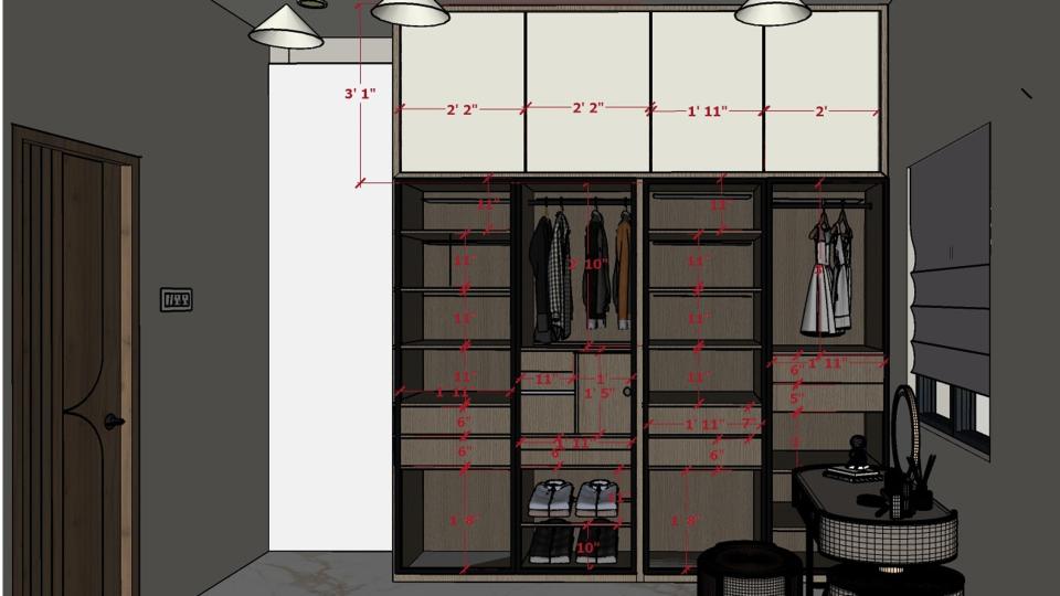 Image of the walk in closet fluted glass wardrobe & smal dresser unit 2d dimensions