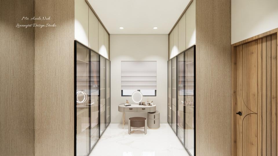 Image of the walk in closet fluted glass wardrobe & smal dresser unit