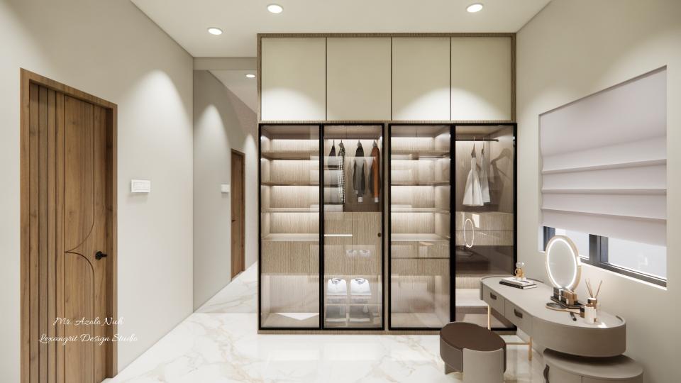 Image of the walk in closet fluted glass wardrobe & smal dresser unit