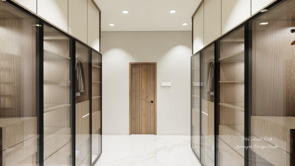 Image of the walk in closet fluted glass wardrobe & smal dresser unit