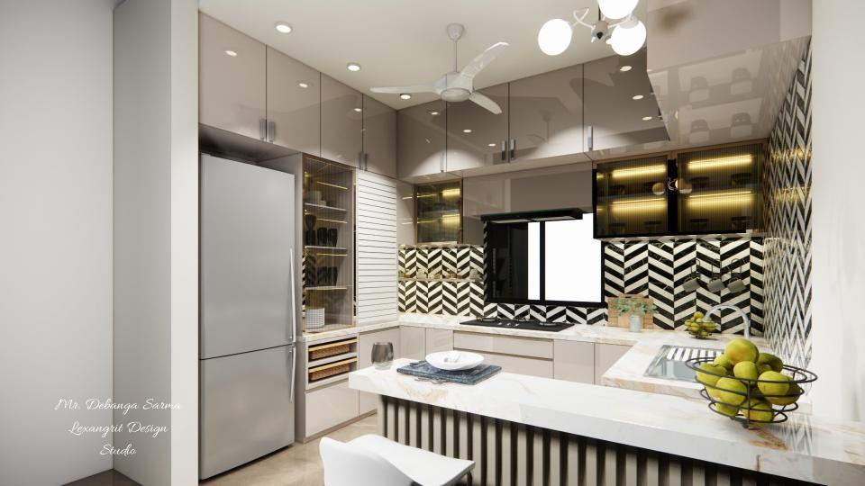 Image of the kitchen featuring modern cabinets, a sleek countertop, and built-in appliances against a tiled backsplash wall