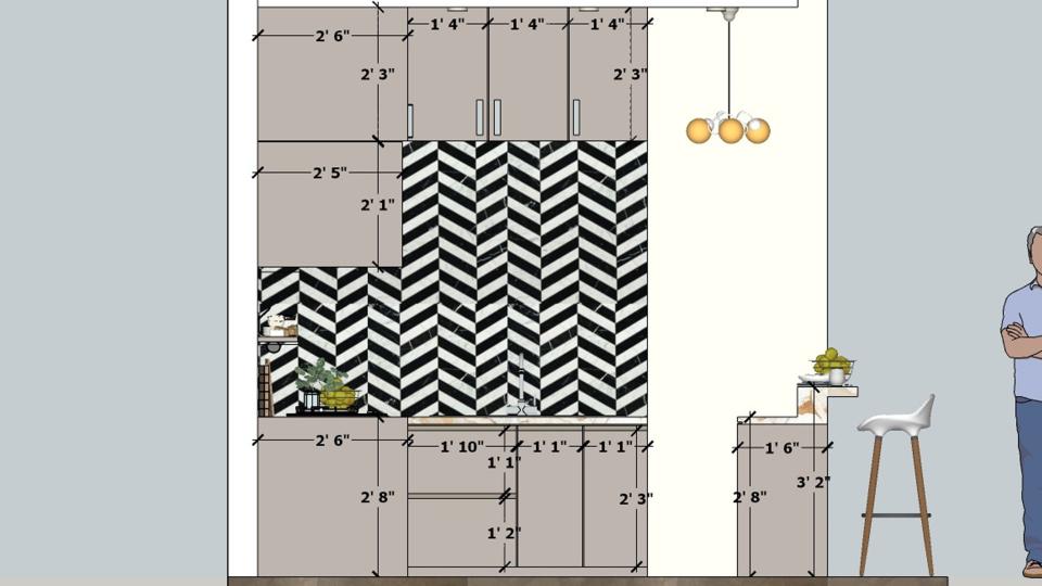 Image of the kitchen highlighting a stylish dining nook with a small table, chairs, and pendant lighting 2d dimensions