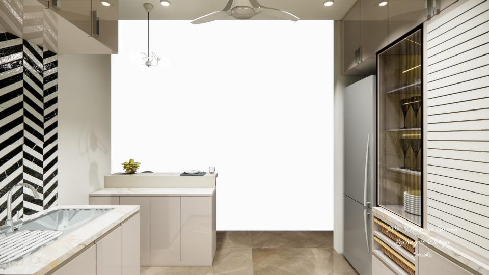 Image of the kitchen highlighting a stylish dining nook with a small table, chairs, and pendant lighting