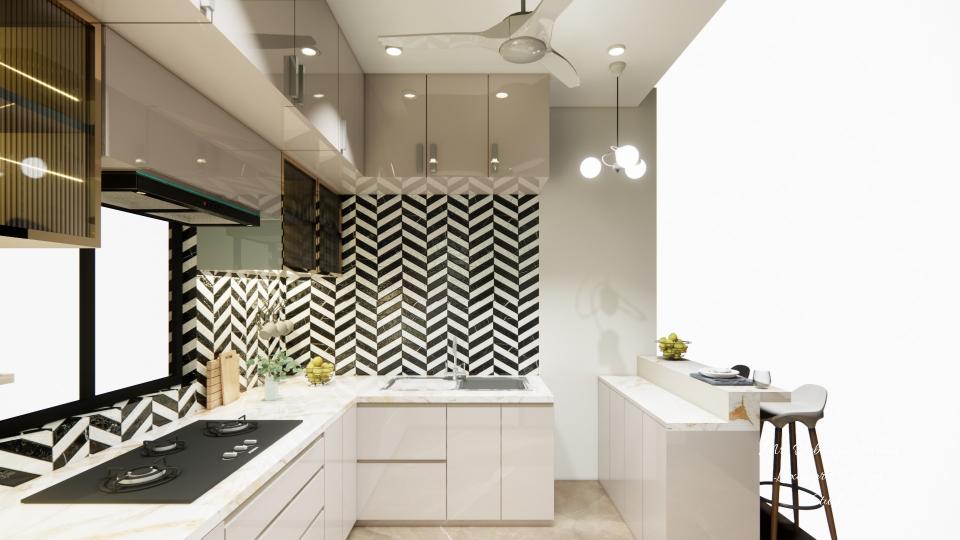 Image of the kitchen highlighting a stylish dining nook with a small table, chairs, and pendant lighting