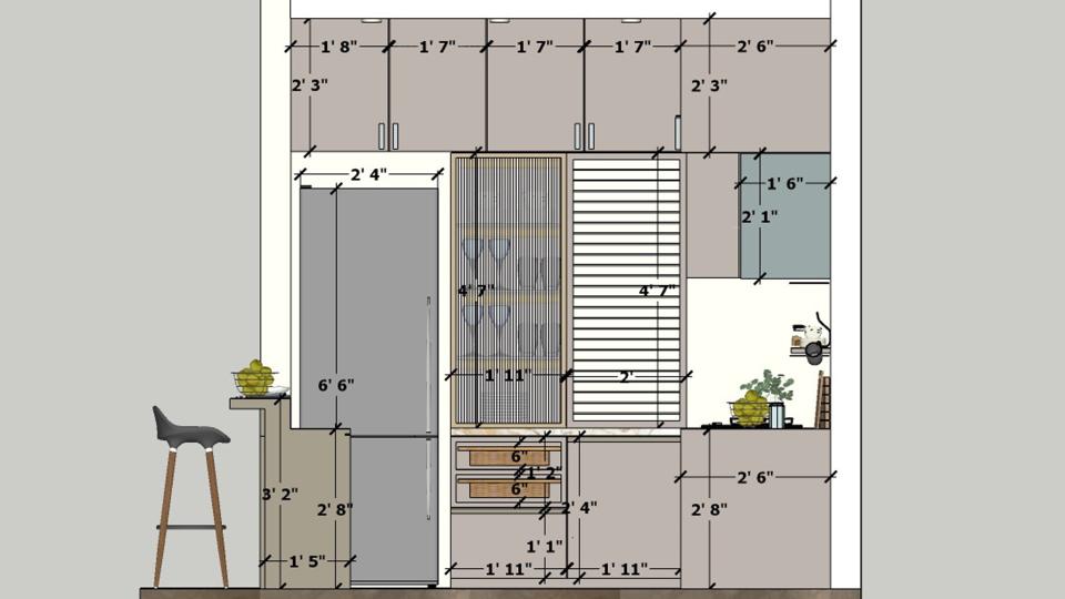 Image of the kitchen showcasing a spacious pantry area with open shelving and storage units against a clean, bright wall 2d dimensions