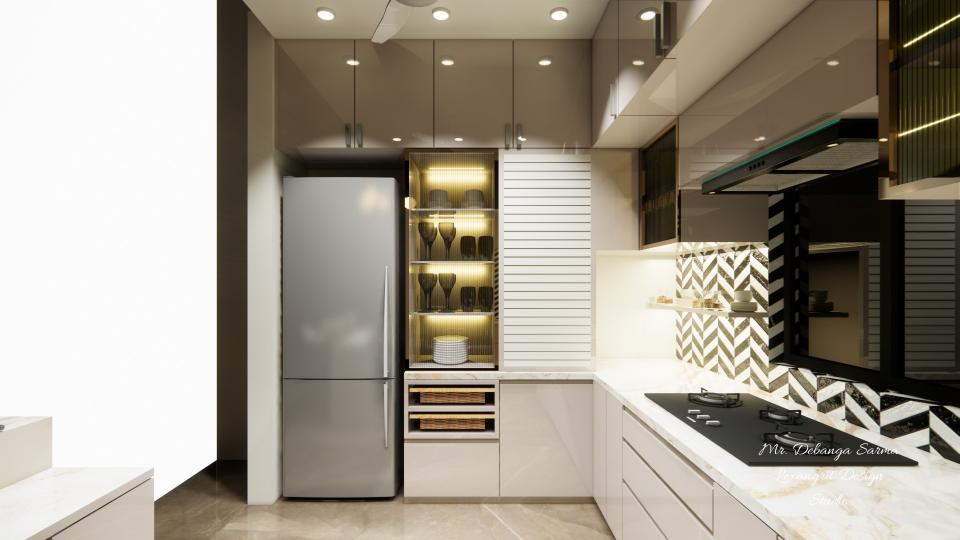 Image of the kitchen showcasing a spacious pantry area with open shelving and storage units against a clean, bright wall