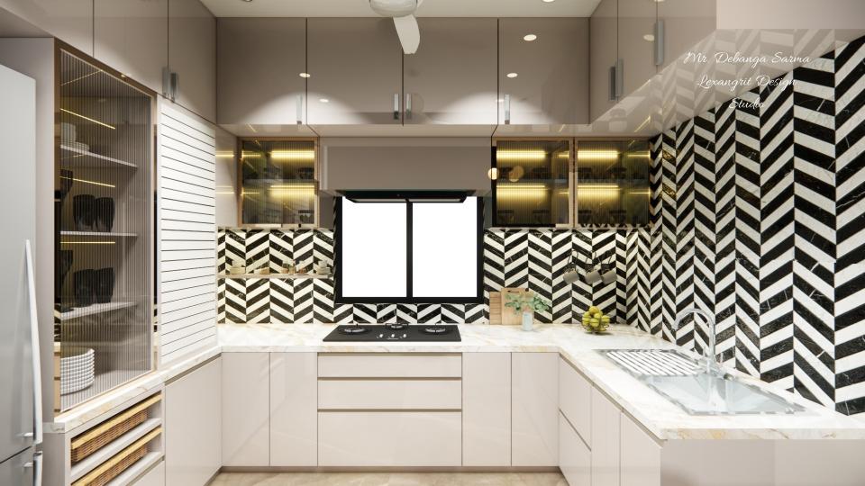 Image of the kitchen showcasing a spacious pantry area with open shelving and storage units against a clean, bright wall