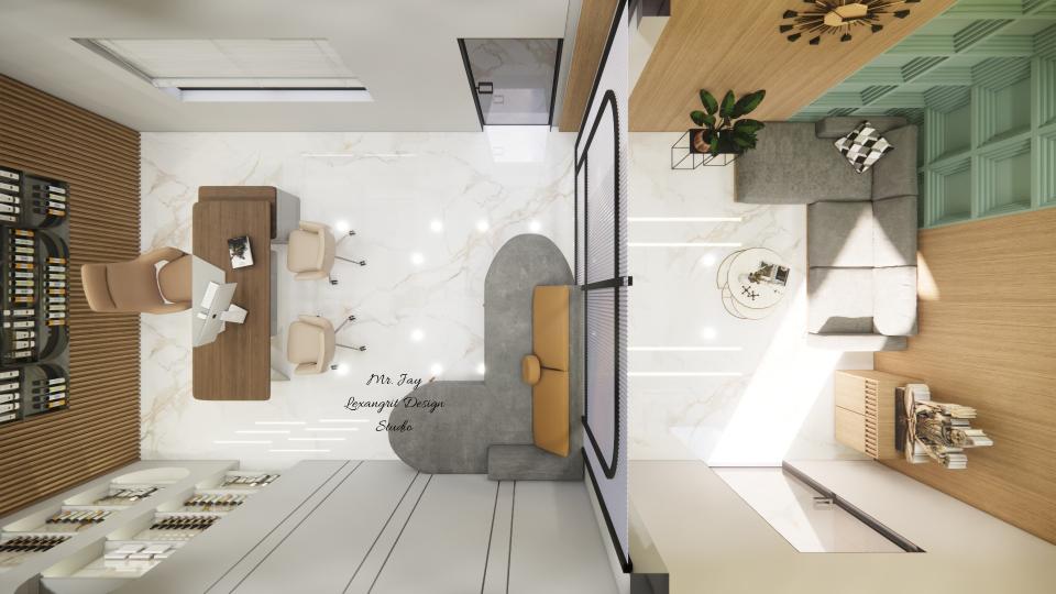 3D floor plan of boss cabin and waiting lounge office layout showing furniture placement and space planning
