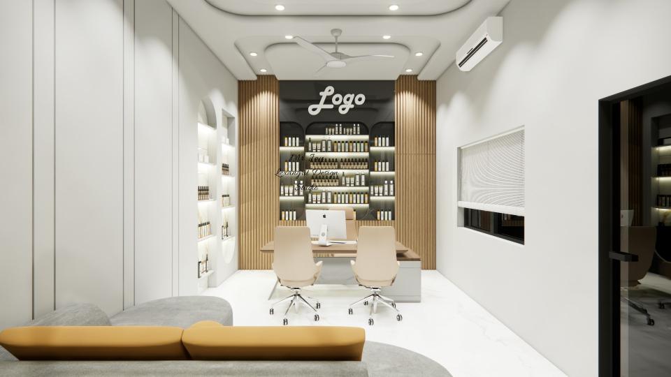 Perfume manufacturer office interior with product display in black niche, boss cabin back wall design with table and chairs