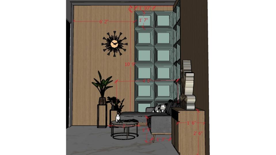 Reception seating area & decorative wall 2d dimensions