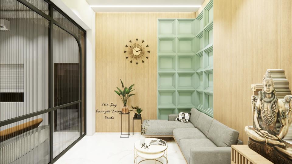 Office reception seating area with HDHMR CNC cutting green duco paint decorative wall, sofa, plant pots and glass partition from boss cabin