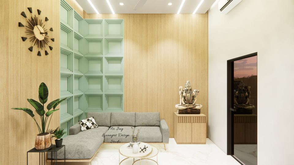 Office reception waiting area with wooden wall panel, sofa, coffee table and built-in mandir in a modern commercial interior