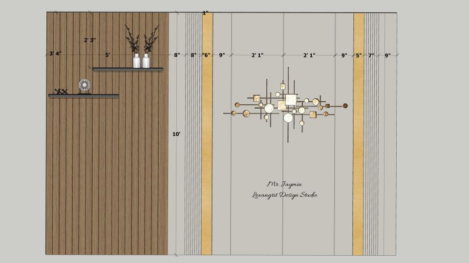 2D measurements drawing of living room sofa back wall with plain painted wall, center art piece, 4 inch golden metal strips, white louvers, dining table, wooden rafters.