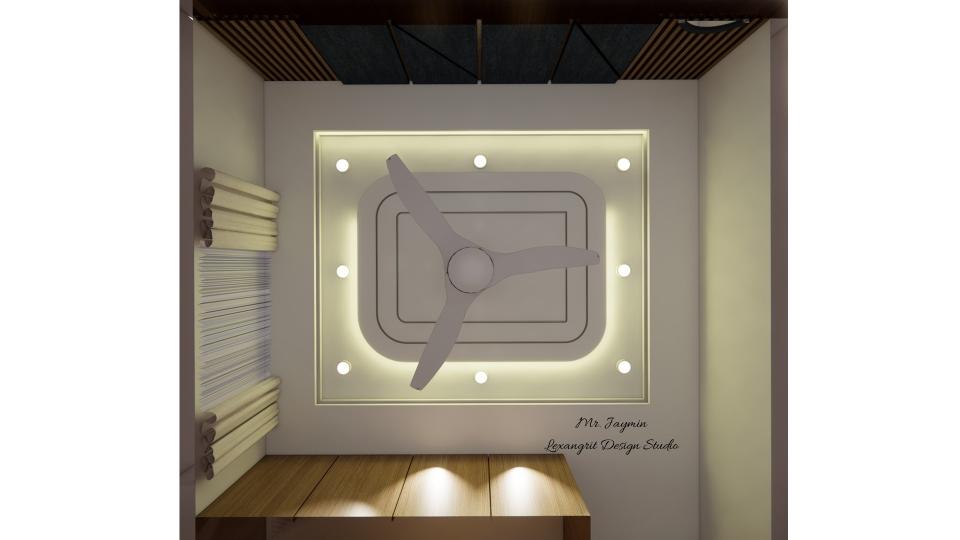 Bedroom false ceiling view with trey or tray design and recessed LED lights for modern ambient lighting and elegant interior decor.