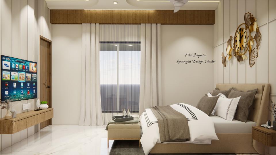 First floor bedroom 2 showcasing luxury bed & sleek tv unit and decorative wall