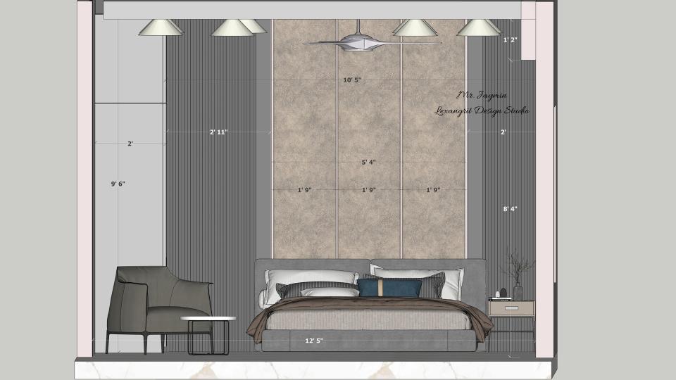 Image of the first floor  bedroom 1 displaying a comfortable seating area with a chaise lounge, side table, and a lamp against a decorated wall 2d dimensions