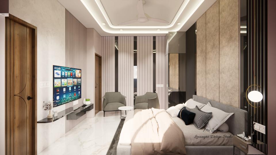 image of the first floor  bedroom 1 displaying a stylish tv unit with a some storage and comfortable seating area against a softly decorated wall