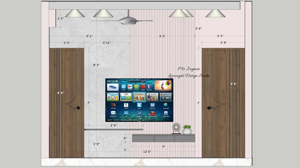 image of the first floor  bedroom 1 displaying a stylish tv unit with a some storage and decorative items against a softly decorated wall 2d dimensions