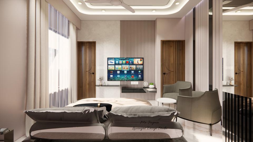 image of the first floor  bedroom 1 displaying a stylish tv unit with a some storage and decorative items against a softly decorated wall