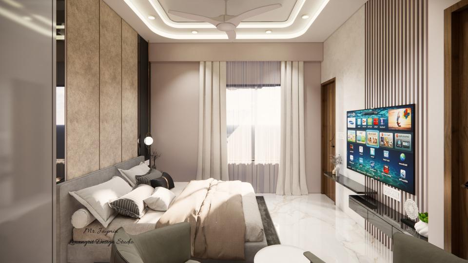 image of the first floor  bedroom 1 displaying a stylish tv unit with a some storage and decorative items against a softly decorated wall