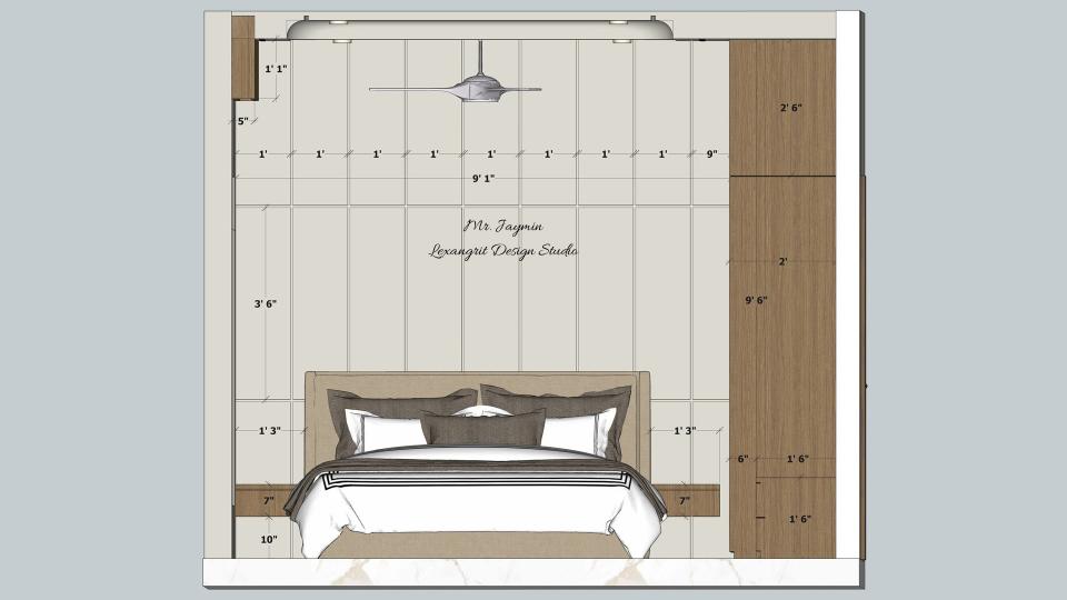 Image of the first floor bedroom 2featuring a luxurious bed with a tufted headboard, bedside tables, and pendant lights against an accent wall 2d dimensions