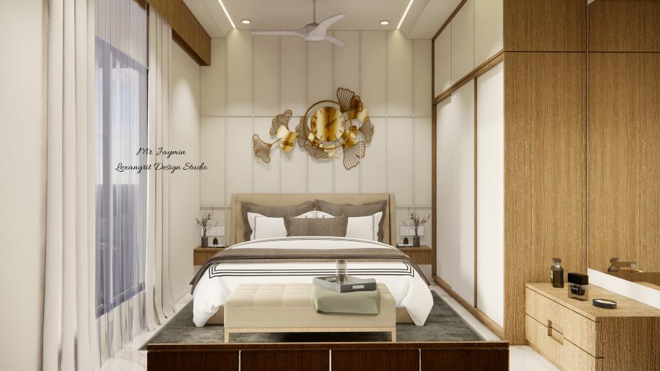 Image of the first floor bedroom 2featuring a luxurious bed with a tufted headboard, bedside tables, and pendant lights against an accent wall