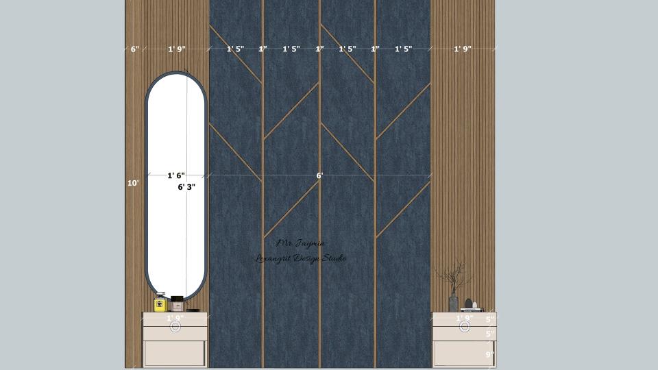 Image of the ground floor bedroom featuring a luxurious bed with a tufted headboard, bedside tables, and pendant lights against an accent wall 2d dimensions