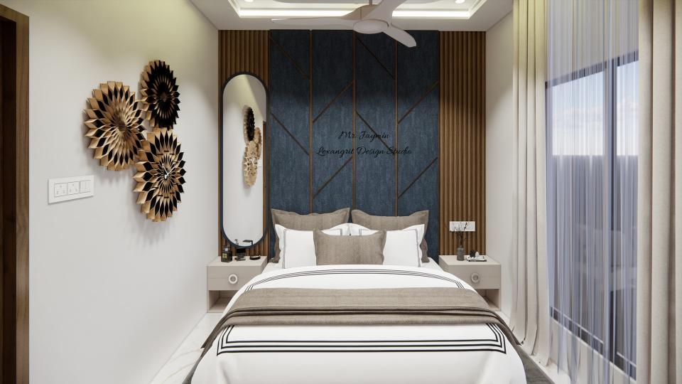 Image of the ground floor bedroom featuring a luxurious bed with a tufted headboard, bedside tables, and pendant lights against an accent wall