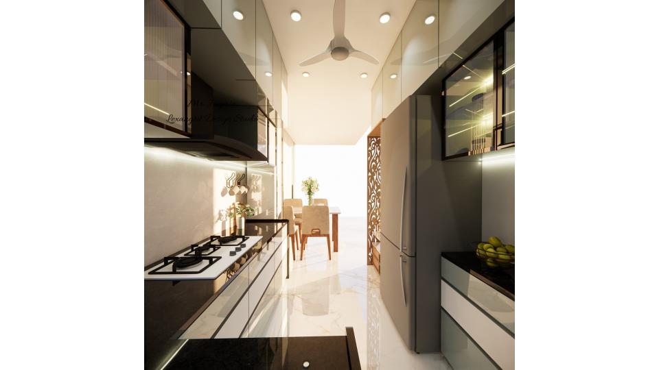 Image of the kitchen highlighting a stylish dining nook with a small table, chairs, and pendant lighting
