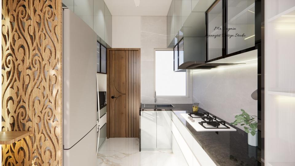 Image of the kitchen showcasing a spacious pantry area with open shelving and storage units against a clean, bright wall