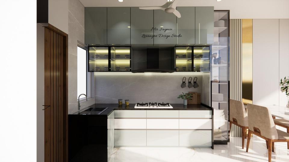 Image of the kitchen showcasing a spacious pantry area with open shelving and storage units against a clean, bright wall